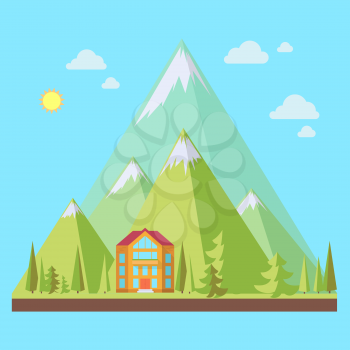Mountain resort, landscape with pine trees in flat style, eco scene, vector illustration
