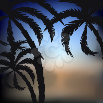 Abstract sunset background with palm trees silhouettes, vector illustration