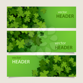 Set of green headers with clover leaves and banners for St. Patrick's Day, vector illustration