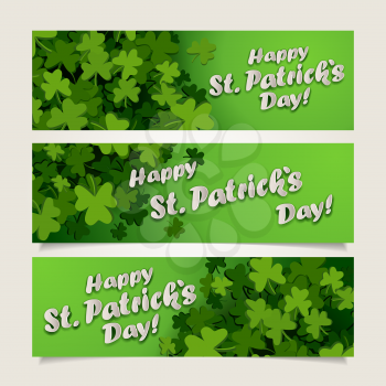 Set of green headers with clover leaves and banners for St. Patrick's Day, vector illustration
