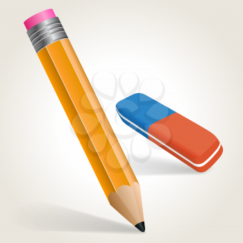 Pencil and eraser isolaed on white, vector illustration