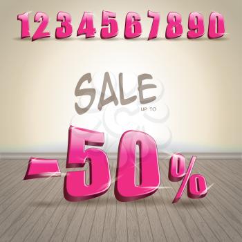 Numbers set in glittering pink metal modern style on the wooden floor background. Vector illustration