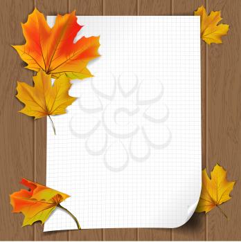 Autumn background with colored leaves and paper on wooden board, vector illustration