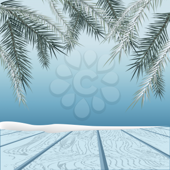 Winter background. Winter snow landscape with wooden table in front. Vector illustration