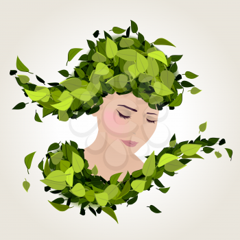 Girl stylized profile design with green flying leaves, vector illustration