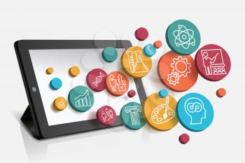 Tablet with educational icons, technology background, vector illustration