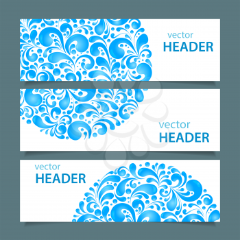 Set of banners with circle water drops decoration made of swirls shapes, vector illustration