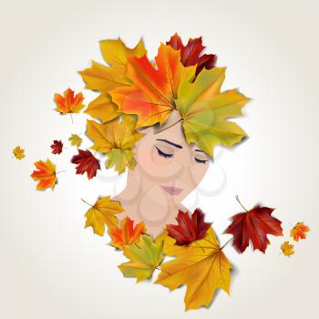 Girl stylized profile design with autumn leaves, vector illustration