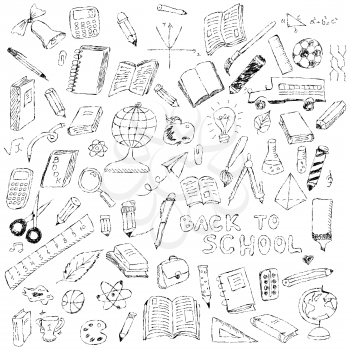 School icons, sketch collection in doodle style, vector illustration