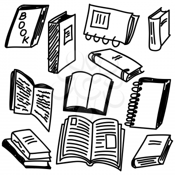 Books sketch collection in doodle style, vector illustration