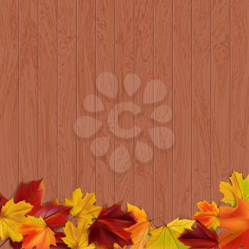 Autumn background with autumn leaves on wooden surface, vector illustration