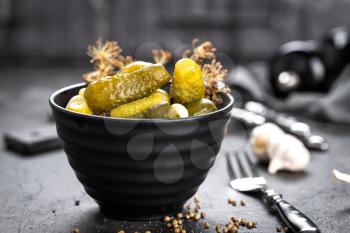Pickled cucumbers, small marinated pickles, gherkins
