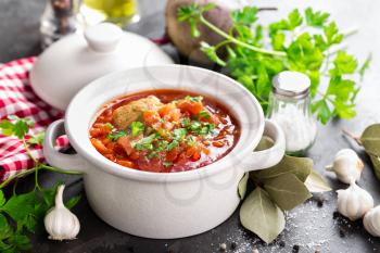 Borscht, traditional ukrainian beetroot vegetable soup