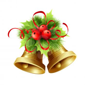 Golden Christmas bells with Holly berries, tinsel and red bow. Vector illustration EPS 10