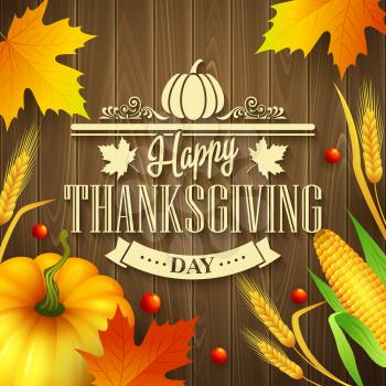 Hand drawn thanksgiving greeting card with leaves, pumpkin and spica on wood background. Vector illustration EPS 10