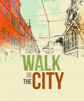 Walking in the city. Poster template. Vector illustration EPS 10