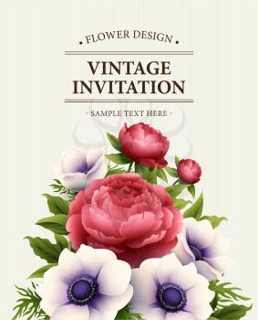 Greeting card with anemone and peony flower. Vector illustration EPS10