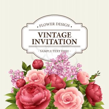 Floral frame with  flowers. Floral bouquet with peony, rose and lilac. Vintage Greeting Card with flowers. Watercolor flourish border. Floral background. Vector illustration EPS10