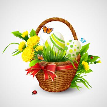 Easter card with basket, eggs and flowers. Vector illustration EPS10