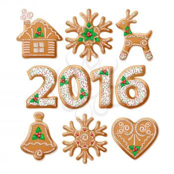 Ornate realistic  set traditional Christmas gingerbread. Vector illustration EPS10