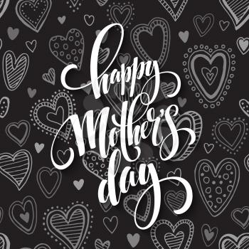 Mothers Day vector greeting card. Hand drawn calligraphy lettering title with heart seamless pattern. Black background. EPS10