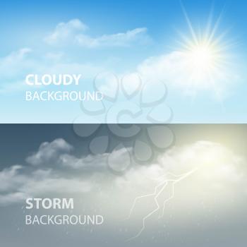 Thunder and lightning, sun and clouds. Weather background. Vector illustration EPS 10