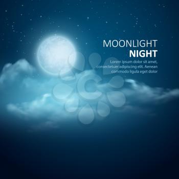 Night vector background, Moon, Clouds and shining Stars on dark blue sky. EPS 10
