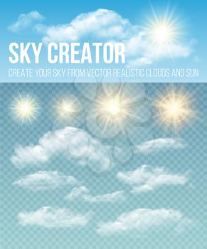 Sky creator. Set realistic clouds and sun. Vector illustration EPS 10