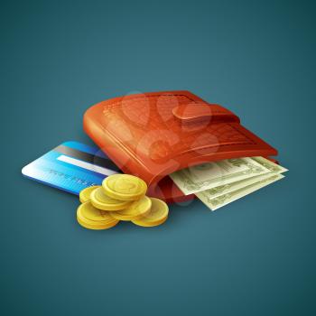 Purse with money, credit cards and coins. Vector illustration EPS 10