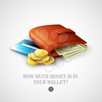 Purse with money, credit cards and coins. Vector illustration
