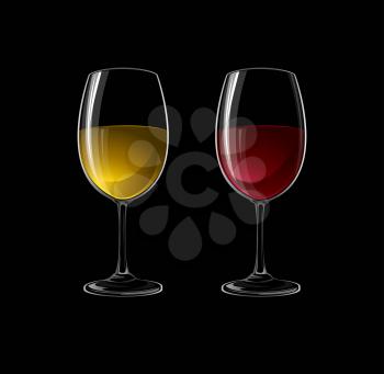 Red and white wine in a glass isolated on black background. Vector illustration EPS 10