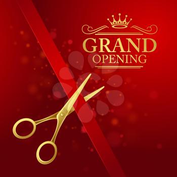 Grand opening illustration with red ribbon and gold scissors EPS 10