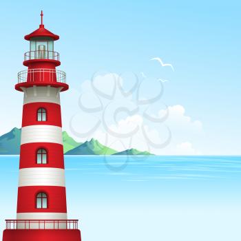 Blue sea background with waves and lighthouse. Vector Illustration EPS10