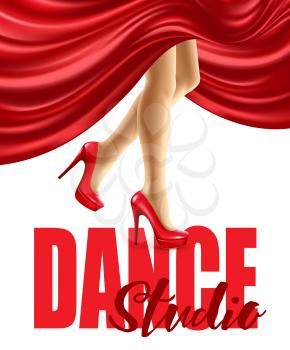 Poster for the dance studio with female legs in red shoes and skirt billowing. Vector illustration EPS10