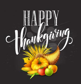 Illustration of a Thanksgiving cornucopia full of harvest fruits and vegetables. Fall greeting design. Autumn harvest celebration. Pumpkin and leaves. Vector illustration EPS10
