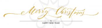 Gold glitter Merry Christmas lettering design. Greeting card with golden glittering decoration. Vector illustration EPS10