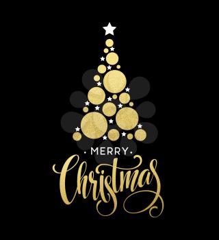 Vector golden Christmas tree illustration made with glittering circle and star. Merry Christmas Lettering EPS10