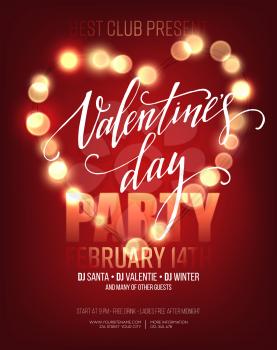 Valentines day Party poster with bright lights. Vector illustration EPS10
