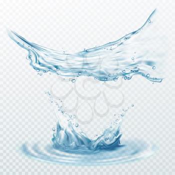 Transparent water splashes, drops isolated on transparent background. Vector illustration