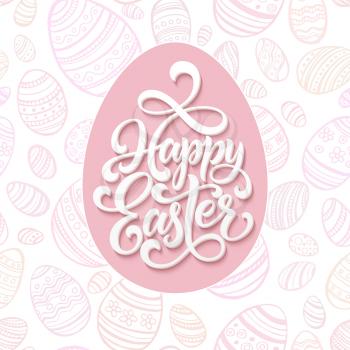 Happy Easter lettering on pink seamless pattern eggs background. Vector illustration EPS10
