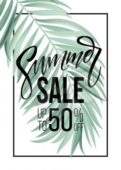 Sale banner, poster with palm leaves, jungle leaf and handwriting lettering. Floral tropical summer background. Vector illustration EPS10