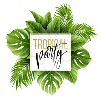 Summer tropical leaf background with exotic palm leaves. Party flyer template. Handwriting lettering. Vector illustration EPS10
