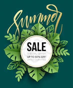 Summer sale poster. Tropical Leaf. Paper cut style. Vector illustration EPS10