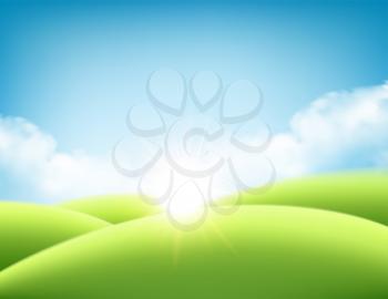 Summer nature sunrise background, a landscape with green hills and meadows, blue sky and clouds. Vector millustration EPS10