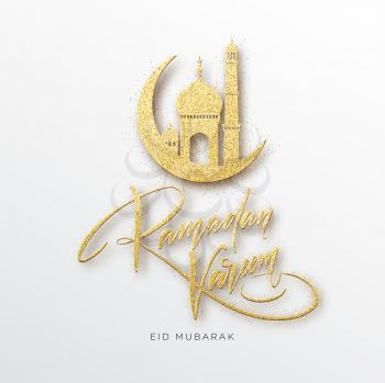 Greeting card with Creative Text Ramadan Kareem made by golden glitter. Vector illustration EPS10