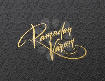 Gold glitter Lettering Ramadan Kareem on the Arabic girish seamless pattern. Background for festive design. Vector illustration EPS10