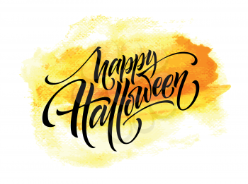 Happy Halloween lettering on watercolor background. Handwritten modern calligraphy, brush painted letters. Vector illustration EPS10
