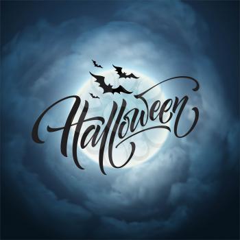 Halloween glowing night background with the moon, bats. Calligraphy, Lettering. Vector illustration EPS10