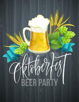 Poster template of Oktoberfest beer party with different objects related with beer festival and handwriting lettering. Vector illustration EPS10