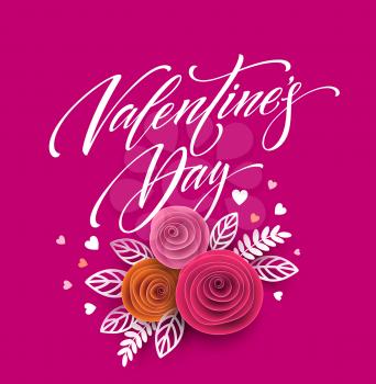 Card of valentines day lettering in paper flower background. Vector illustration EPS10